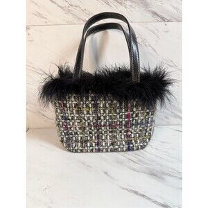 Y2K Tweed Mini Tote Bag Feather Faux Fur Trim Black Multi Plaid Top Handle